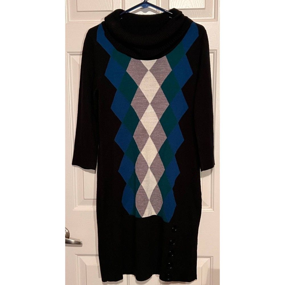 Sandra Darren Black Cowl Neck Sweater Dress‎ Blue Green Gray White Size L